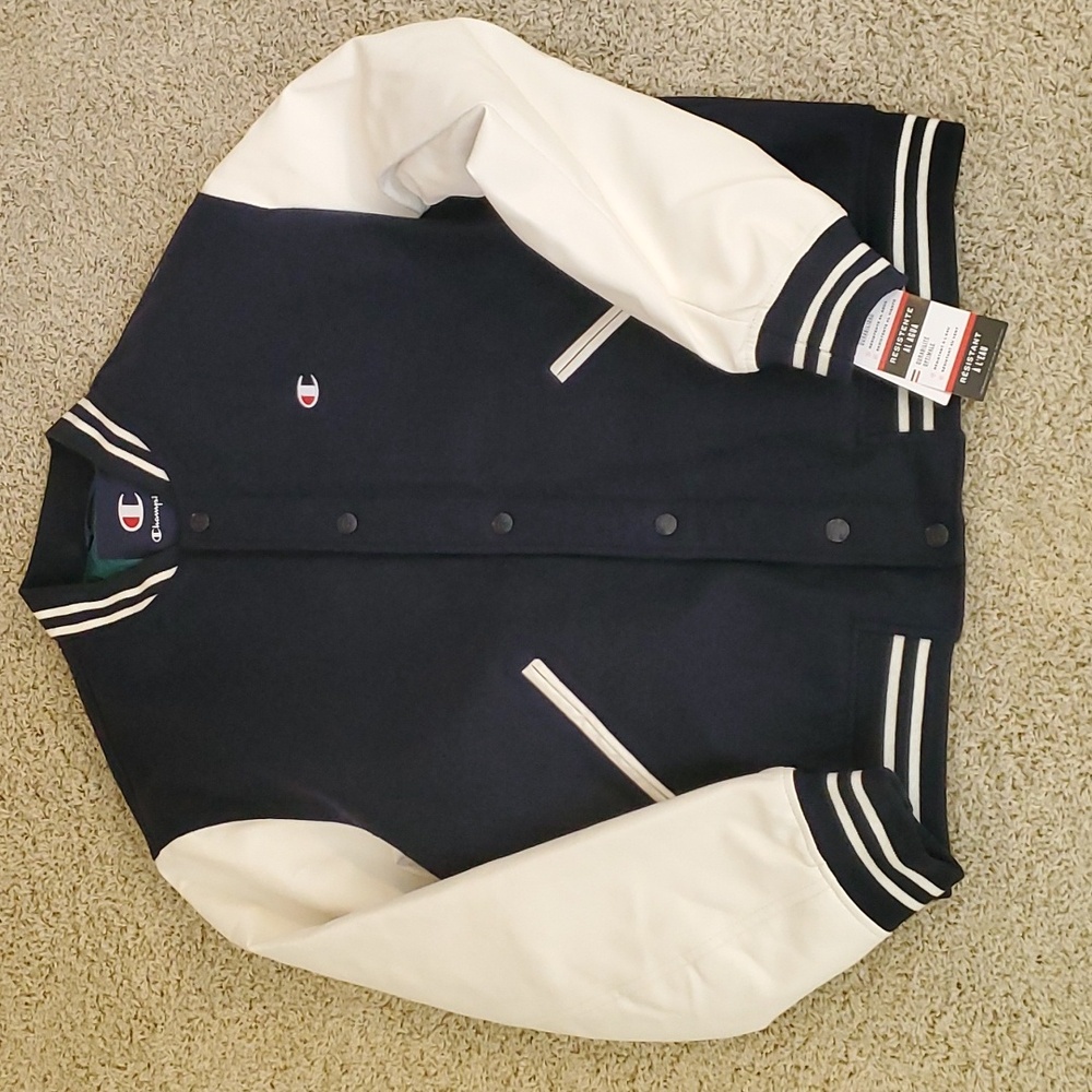 Champion Men's Colorblocked Mixed Media Varsity Jacket.